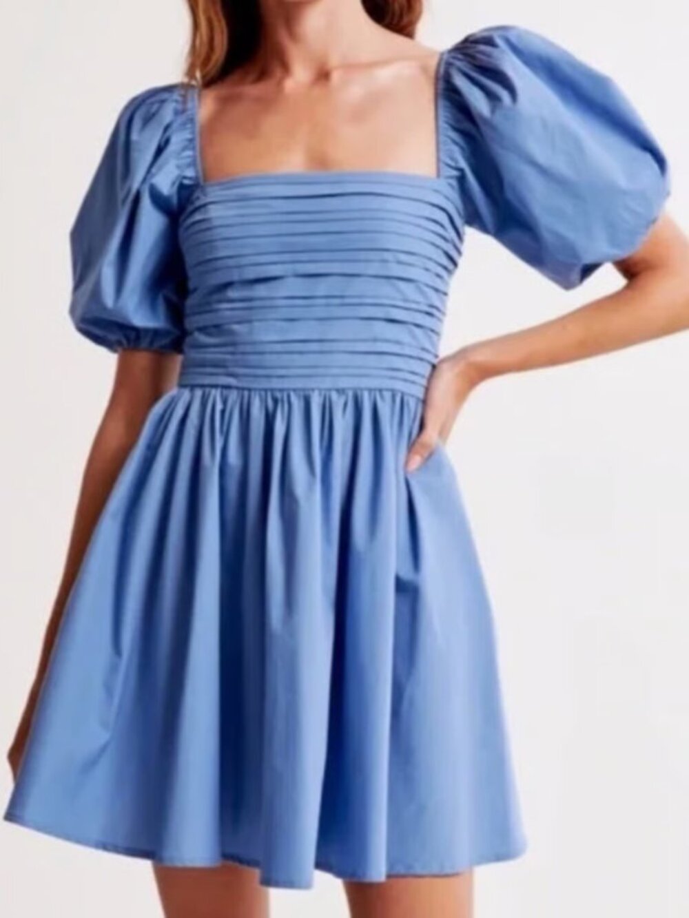 Abercrombie & Fitch Emerson Poplin Puff-Sleeve Mini-Dress in Blue SIZE XS